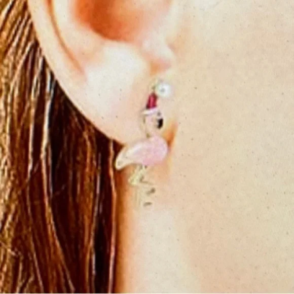 BETSEY JOHNSON Santa Claus Hat Pink Christmas Flamingos Dangle Drop Earrings NWT - Picture 7 of 7